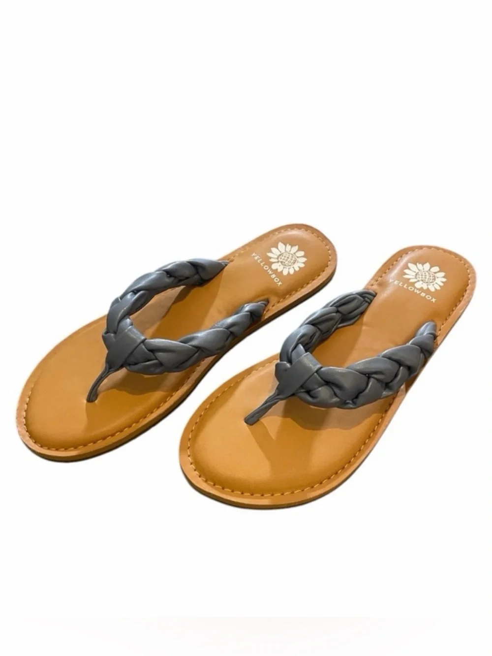 7.5 Yellowbox Dauphine Blue gray Tan Sandals Shoes Braided Leather Women's Thong - Picture 3 of 13